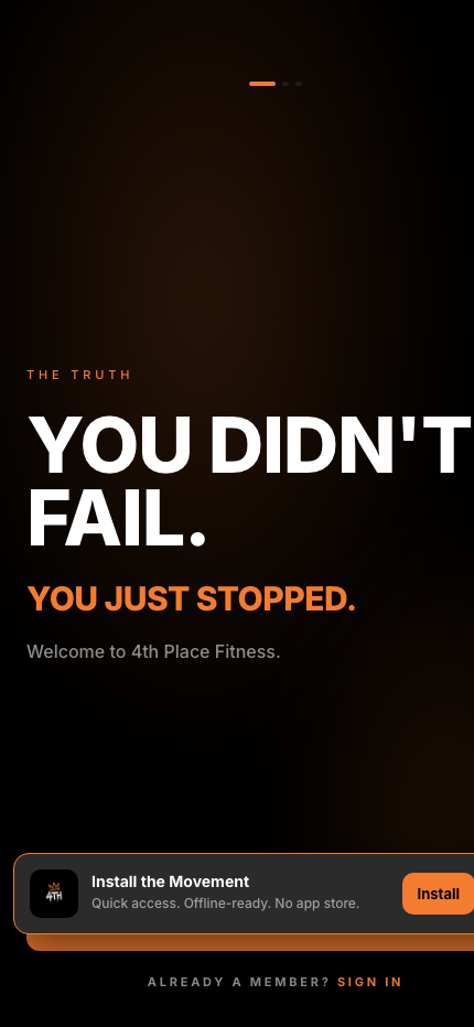 4th Place Fitness app — Intro screen with brand voice and PWA install prompt